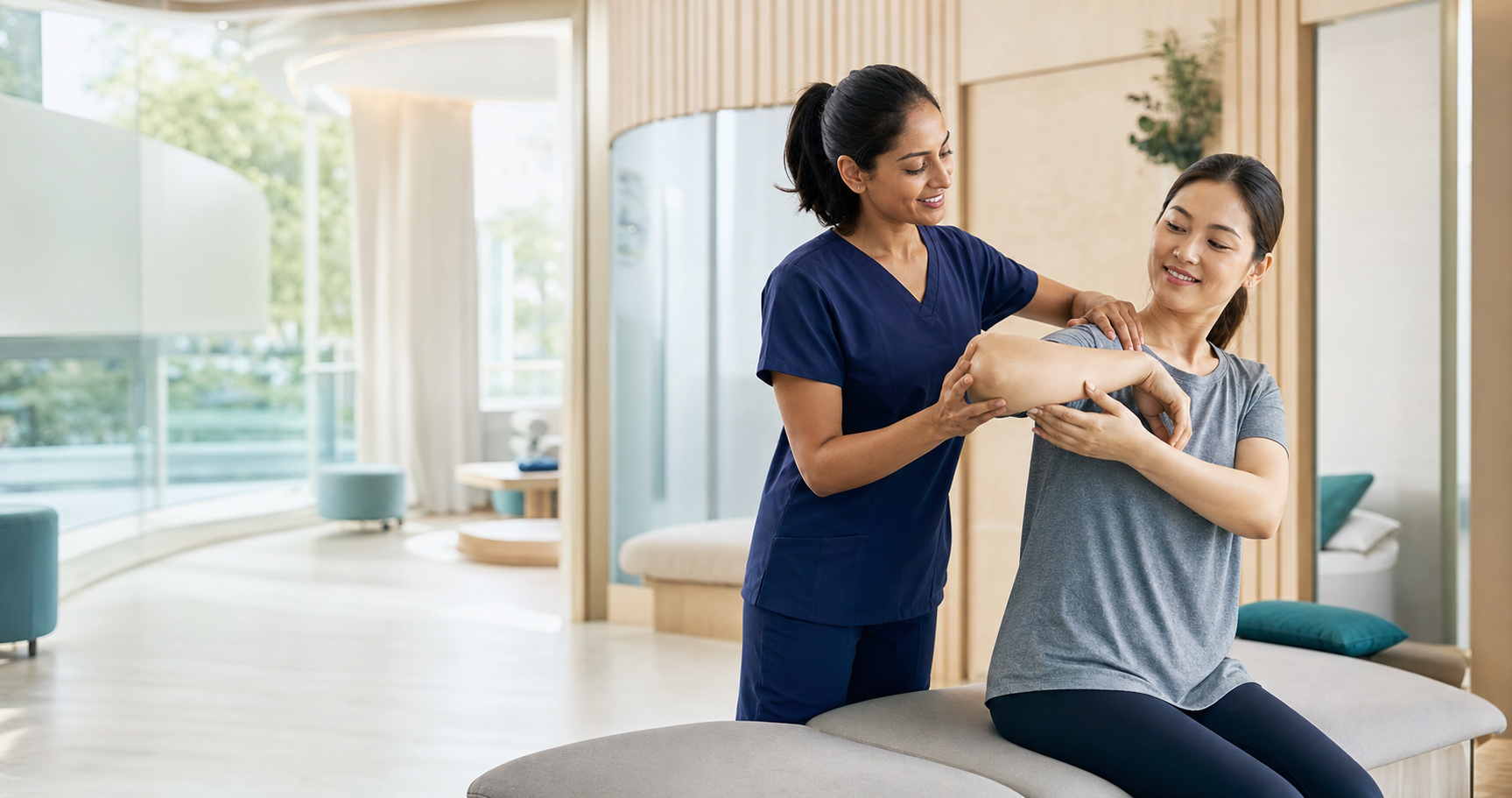 Physiotherapist guiding a patient through a mobility exercise in a modern clinic